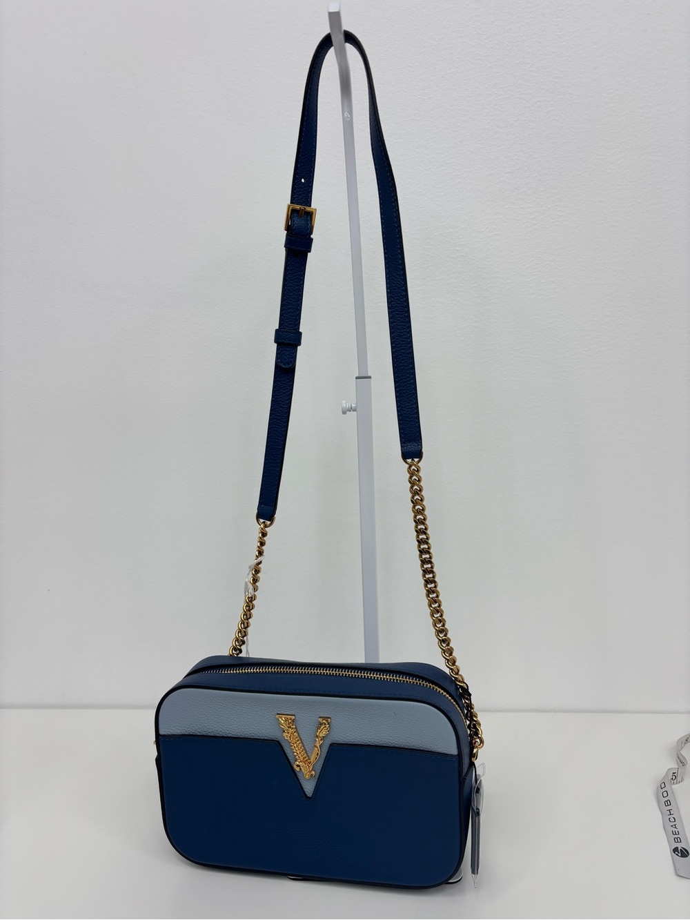 Versace Virtus Navy and Light Blue Leather Crossbody Camera Bag
